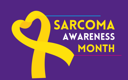 Yellow ribbon against a purple background. The text says 'sarcoma awareness month'